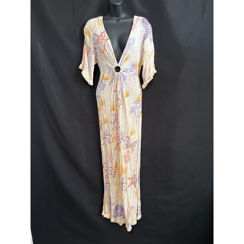 ZL Maxi Dress L Beige Bohemian Floral Cutout Back V-Neck Ring Ruffle Sleeve